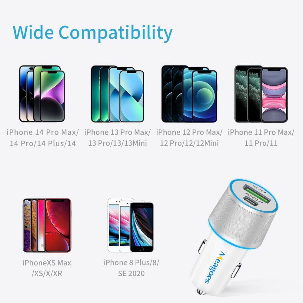 Fast USB C Car Charger, 20W PD Rapid Charging Adapter Compatible for Apple Iphone 14 Pro Max/14 Pro/14 Plus/14/13/12/Mini/11/Xs/Xr/X/8 Plus/Se 3-3.3Ft Mfi Certified Type C to Lightning Cable